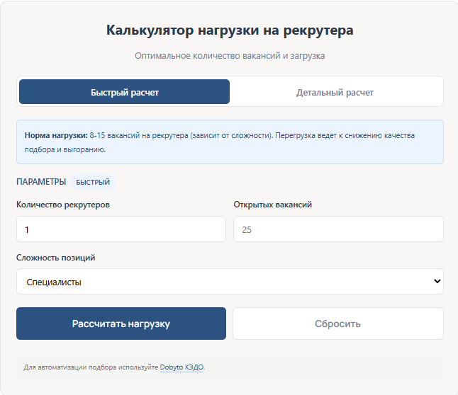 Калькулятор нагрузки на специалиста по подбору